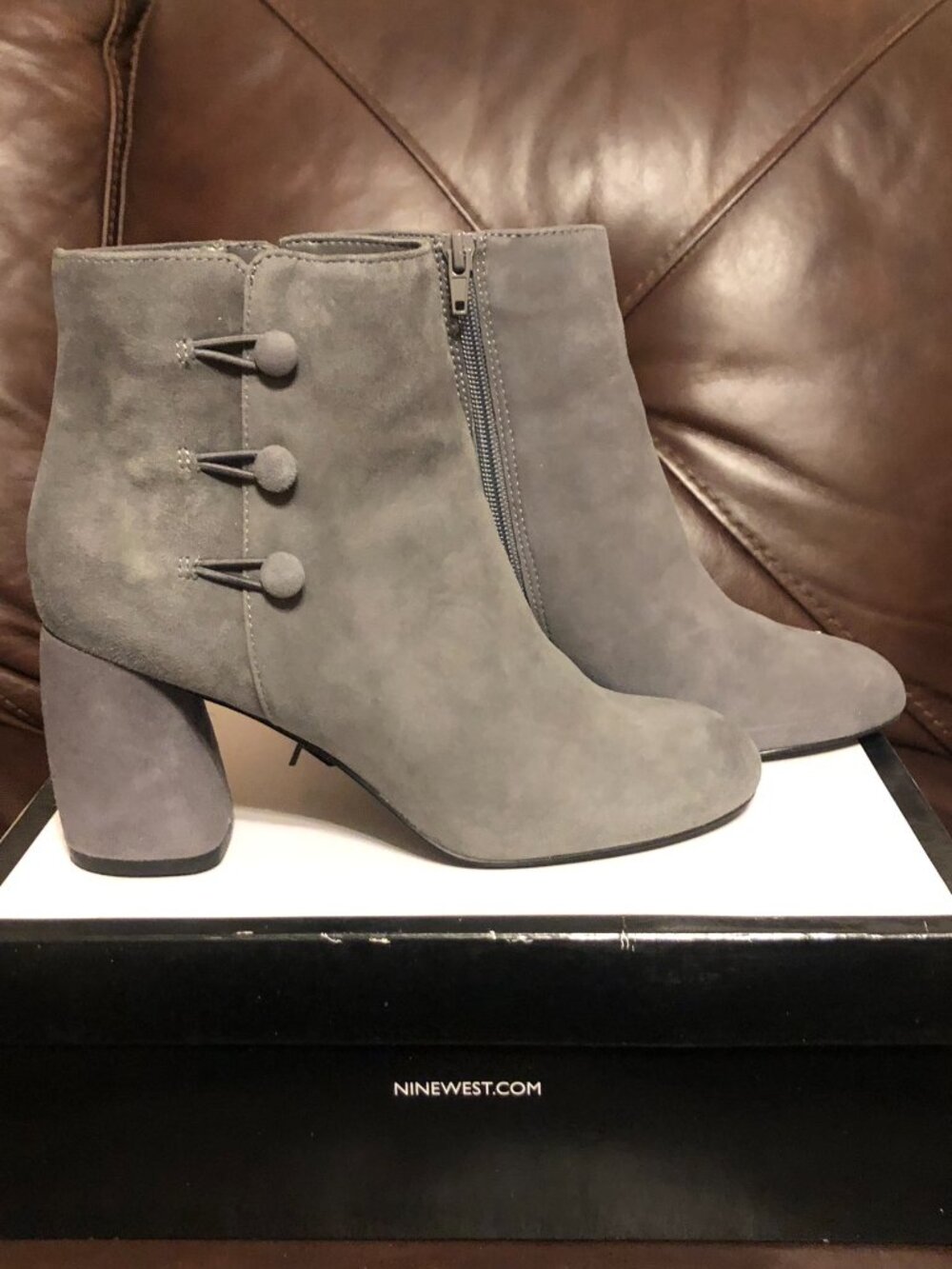 Nine West Kerryleeo Gray Suede Button Ankle Booties 7.5